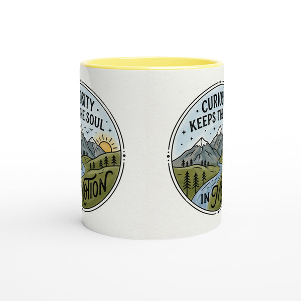 A white ceramic mug with a yellow interior, featuring circular scenic graphics of mountains, trees, and a sun with the text 'Curiosity keeps the soul in Patagonia