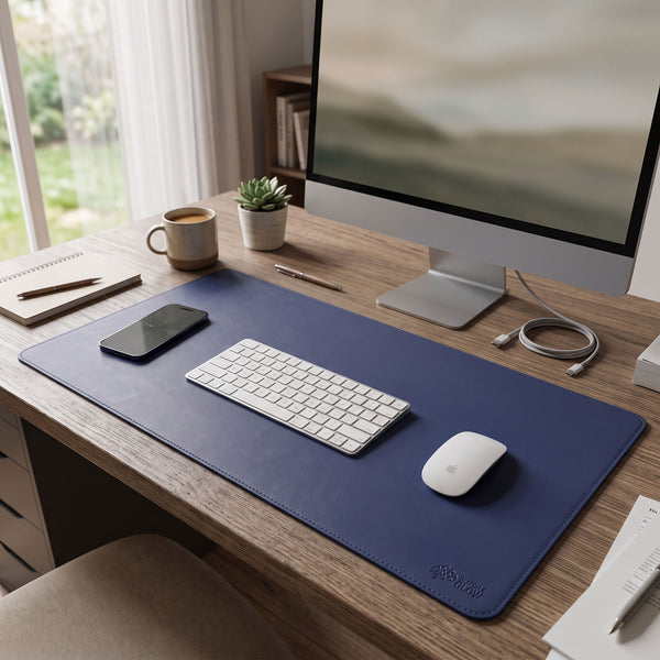 Vegan Leather Desk Mat - Navy Blue (90cm × 40cm)